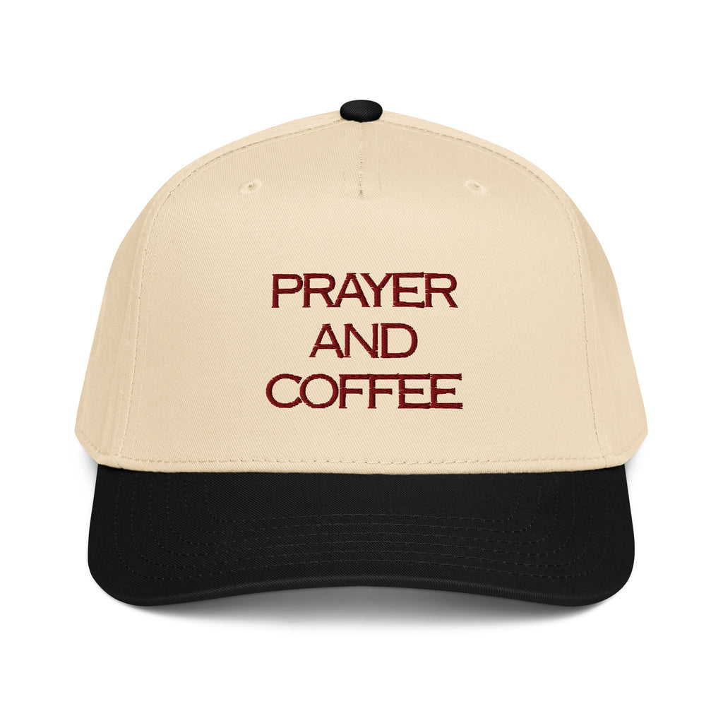 Prayer and Coffee embroidered Christian baseball cap in cream and black