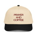 Prayer and Coffee embroidered Christian baseball cap in cream and black
