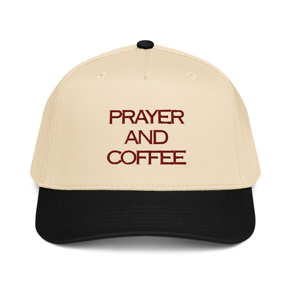 Prayer and Coffee embroidered Christian baseball cap in cream and black
