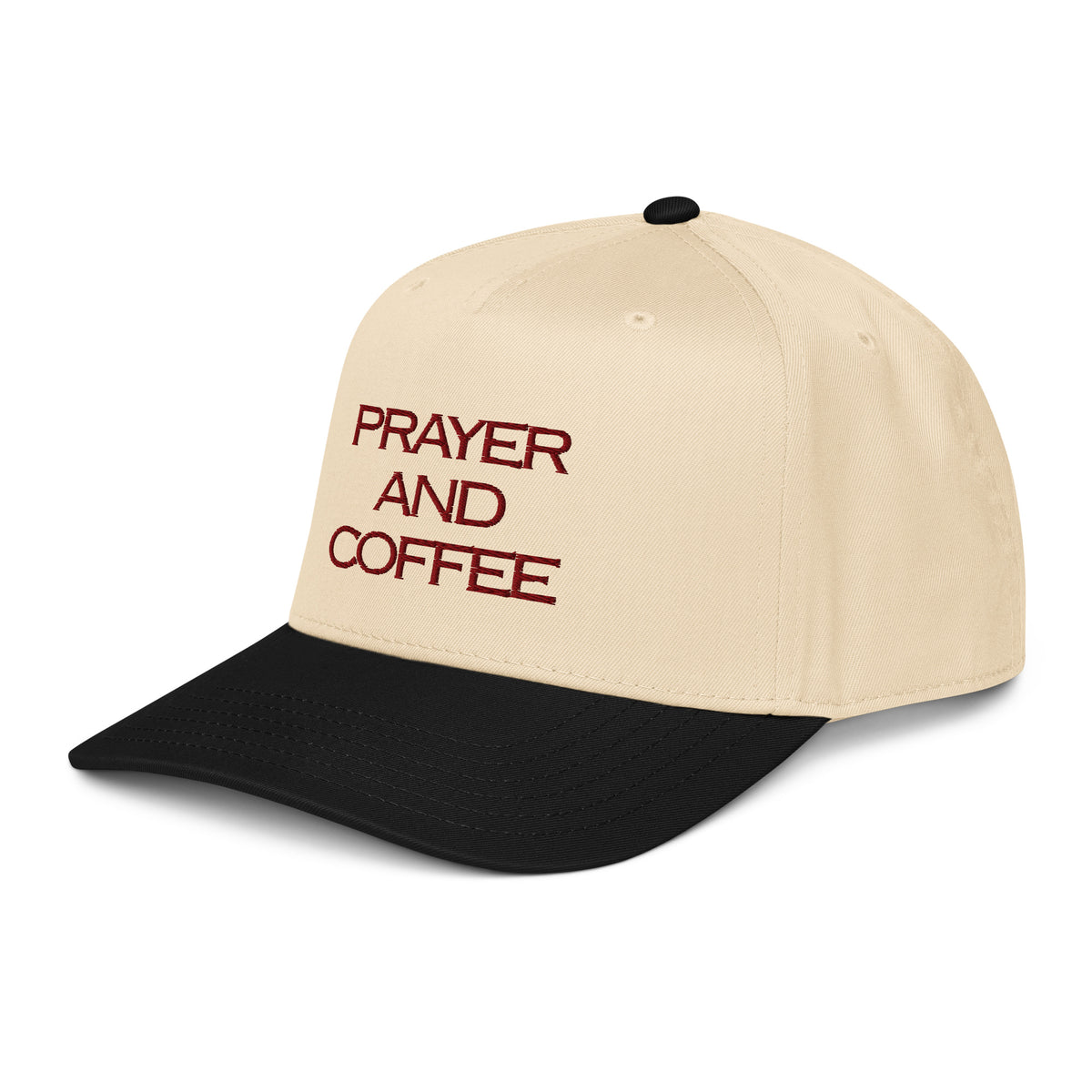 Prayer and Coffee embroidered Christian baseball cap in cream and black