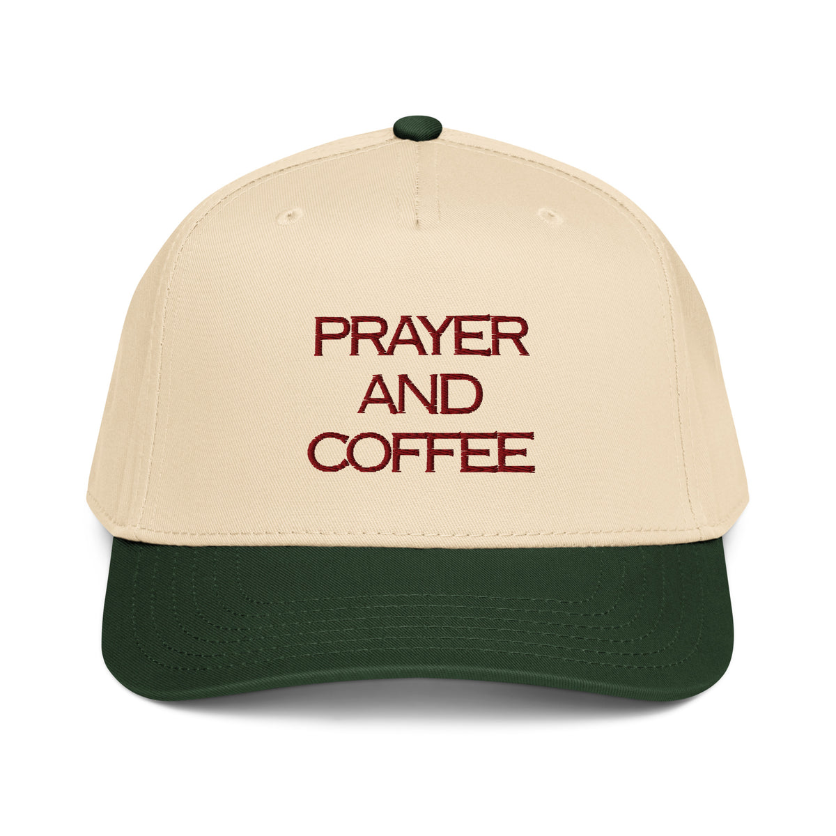 Prayer and Coffee embroidered Christian baseball cap in cream and green