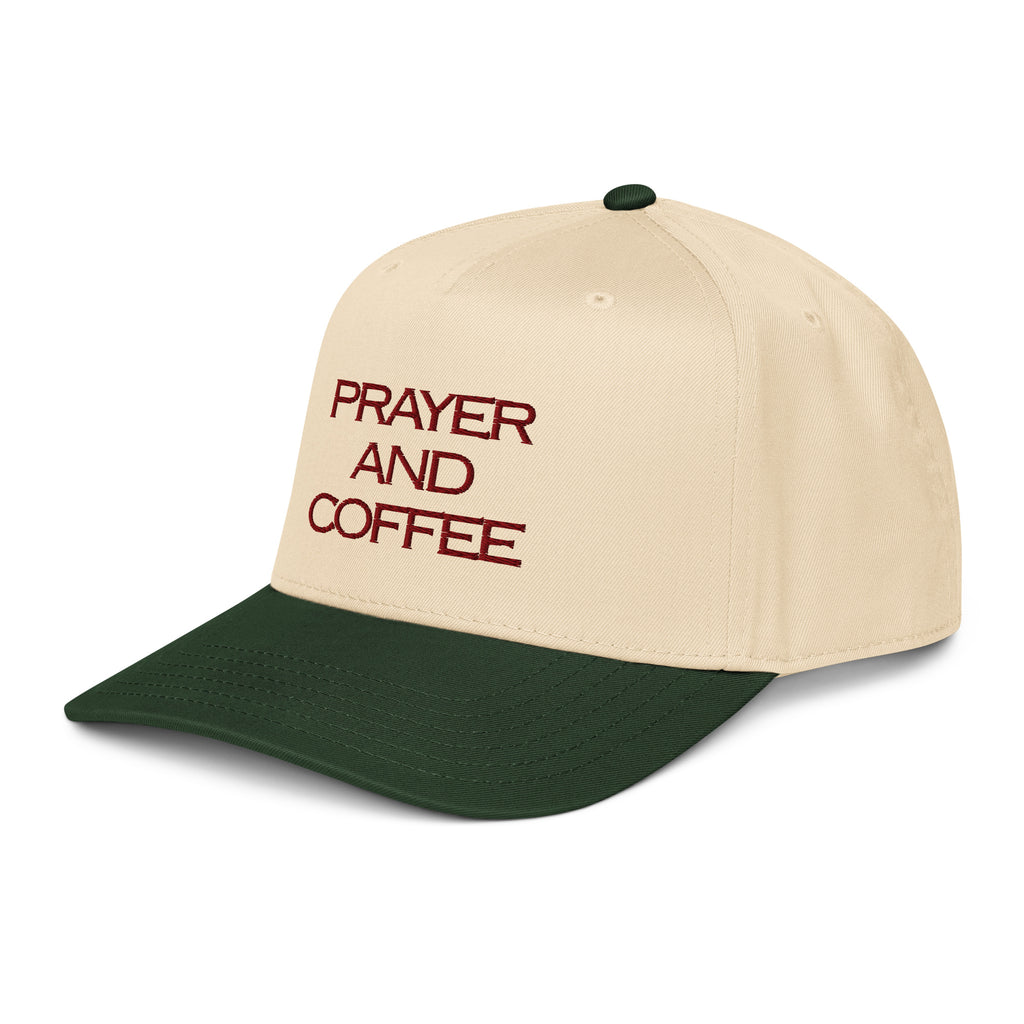 Prayer and Coffee embroidered Christian baseball cap in cream and green