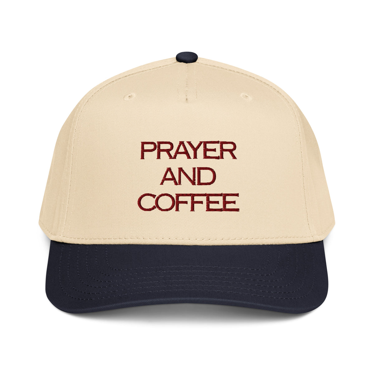Prayer and Coffee embroidered Christian baseball cap in cream and navy blue
