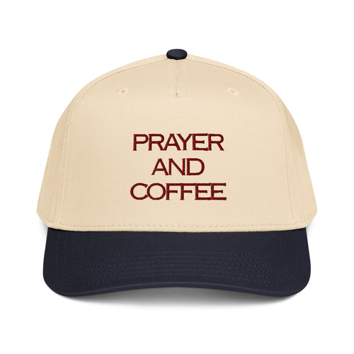 Prayer and Coffee embroidered Christian baseball cap in cream and navy blue