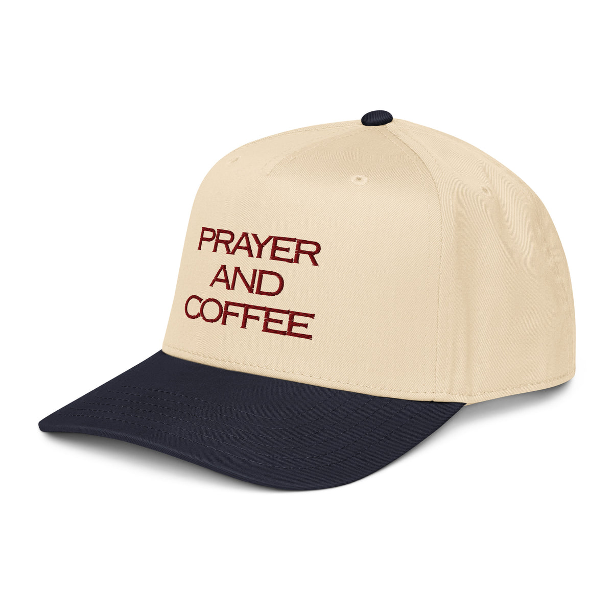Prayer and Coffee embroidered Christian baseball cap in cream and navy blue