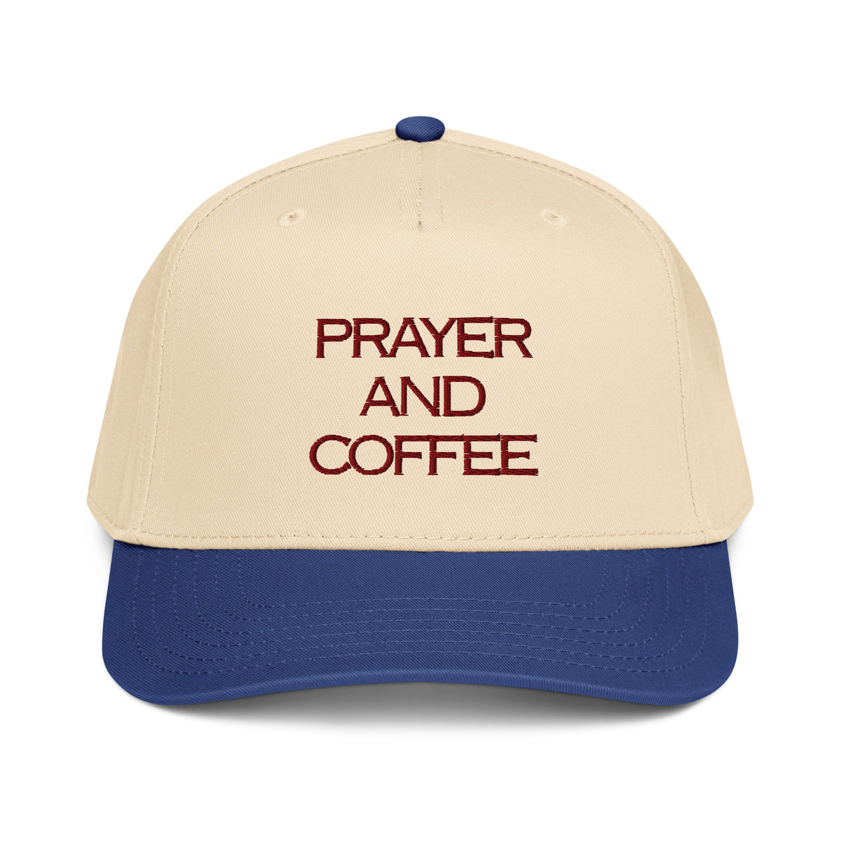 Prayer and Coffee embroidered Christian baseball cap in cream and royal blue