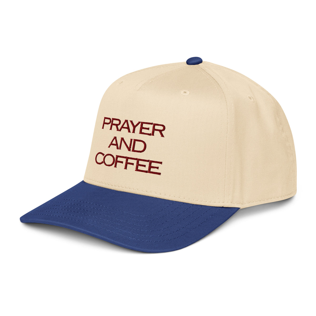 Prayer and Coffee embroidered Christian baseball cap in cream and royal blue