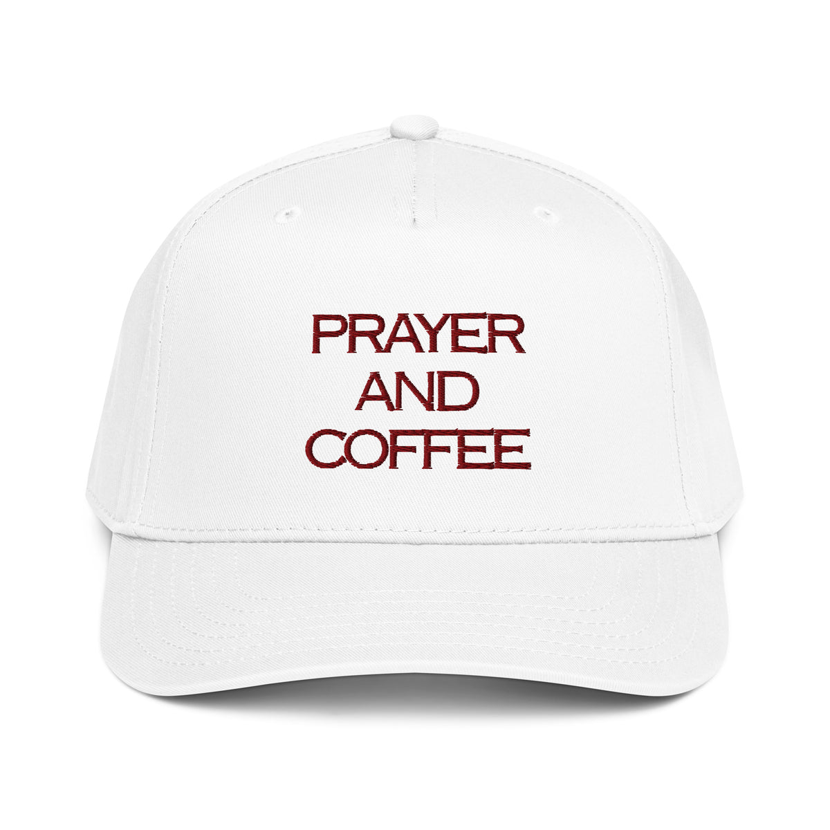 Prayer and Coffee embroidered Christian baseball cap in white