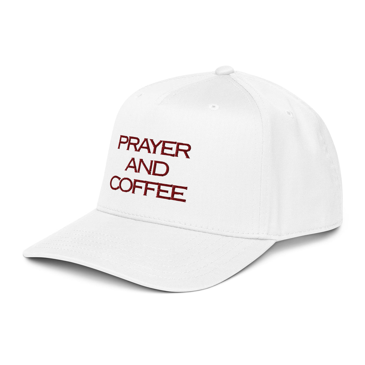 Prayer and Coffee embroidered Christian baseball cap in white