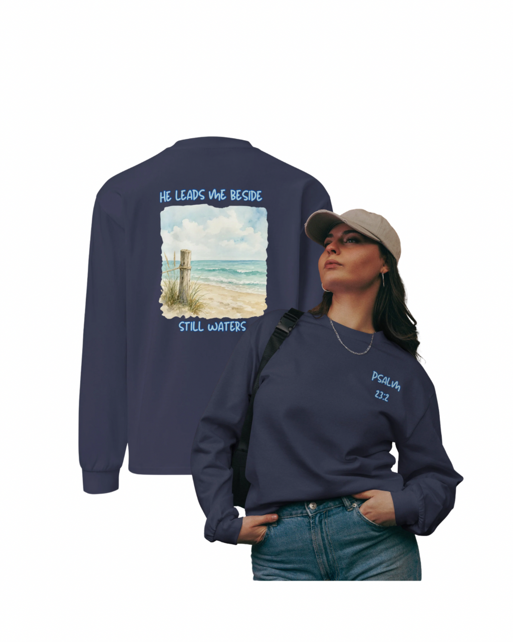 He Leads Me Beside Still Waters women’s Christian long sleeve shirt – Psalm 23:2 beach design