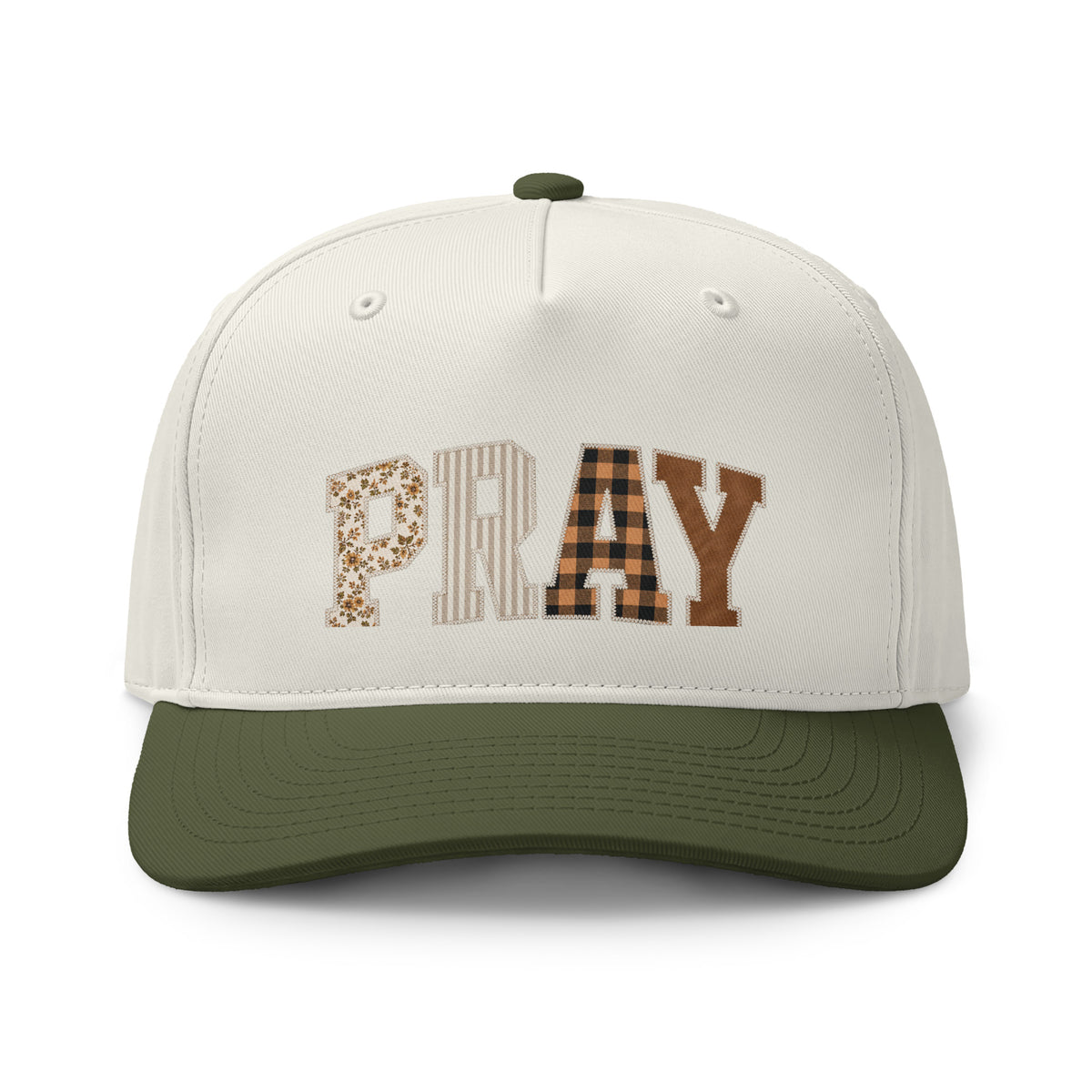 Cream and dark cream two-tone cap featuring “PRAY” in floral, striped, plaid, and solid brown block letters