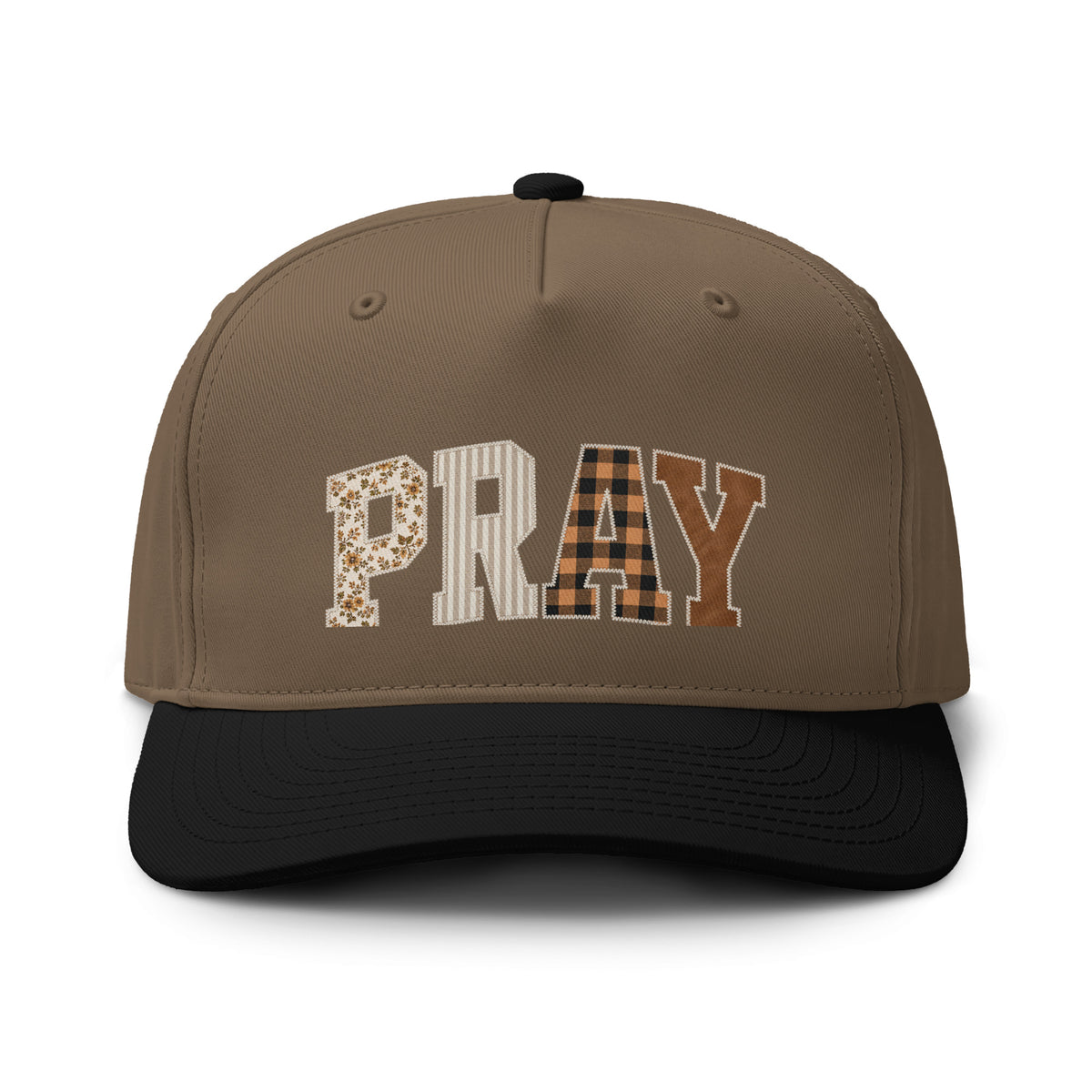 Dark brown and black two-tone cap featuring “PRAY” in floral, striped, plaid, and solid brown block letters