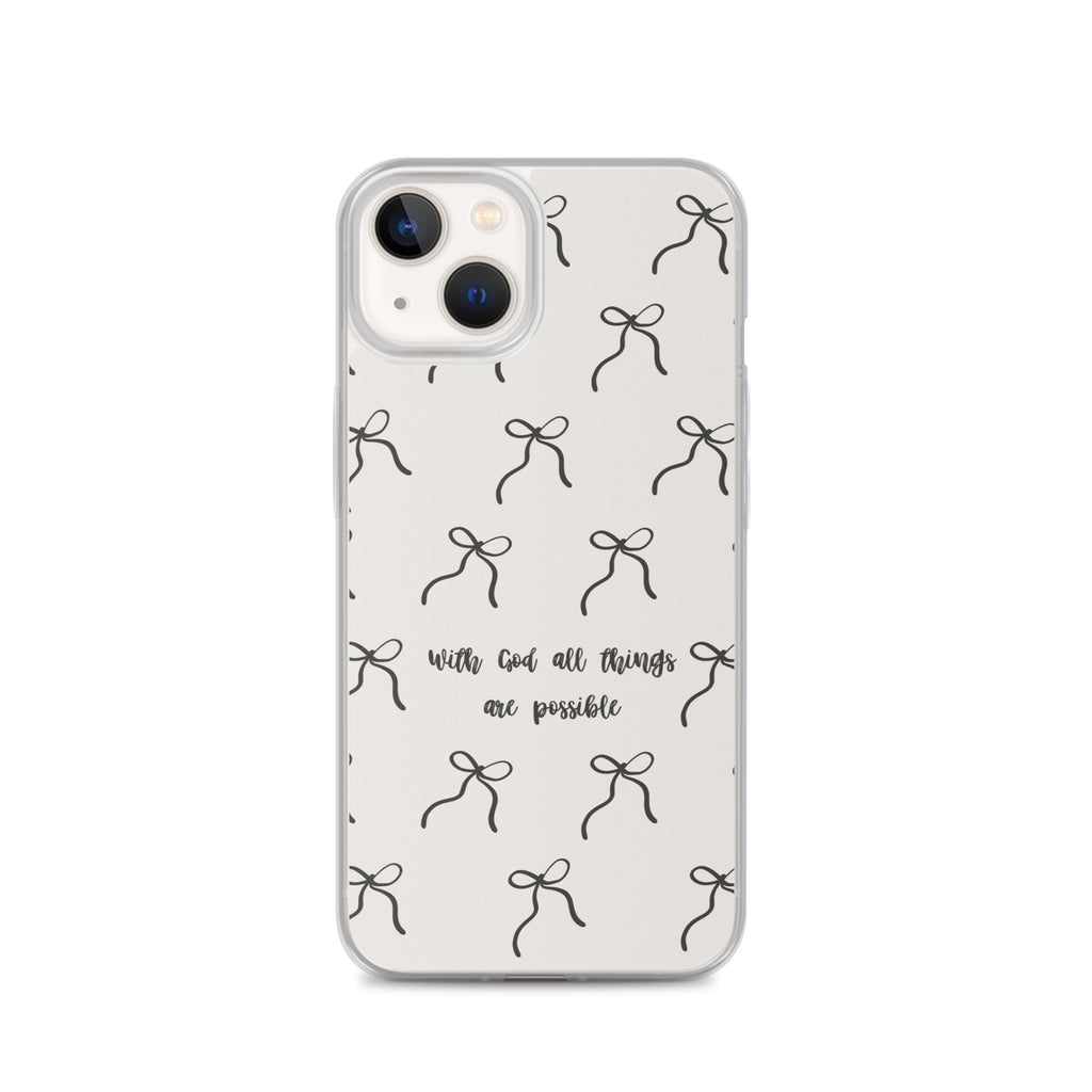 With God all things are possible Christian iPhone case with black bow pattern