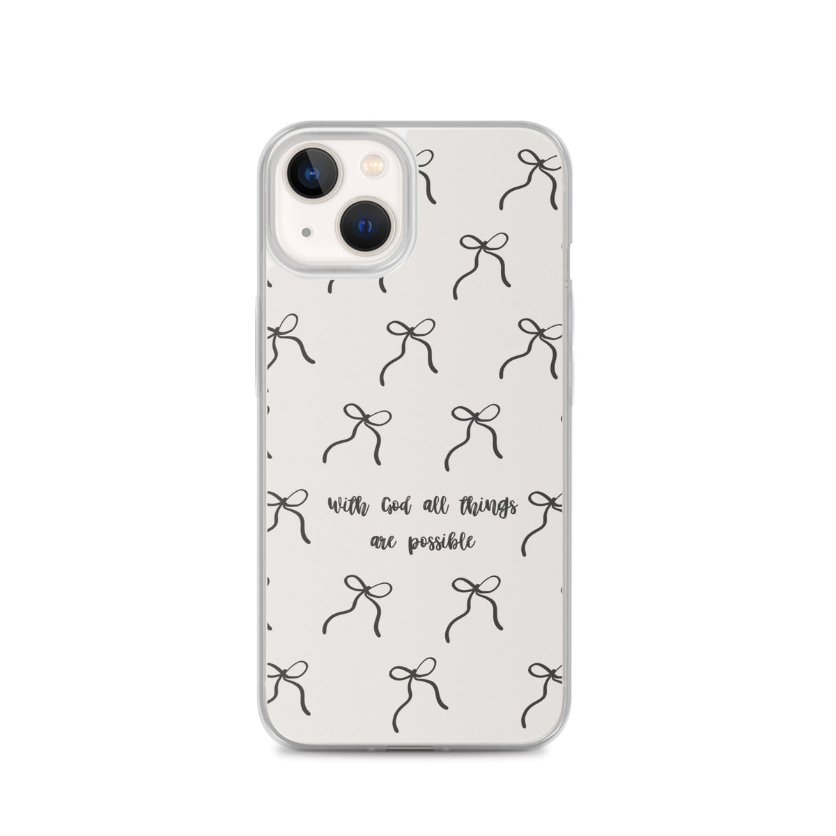 With God all things are possible Christian iPhone case with black bow pattern