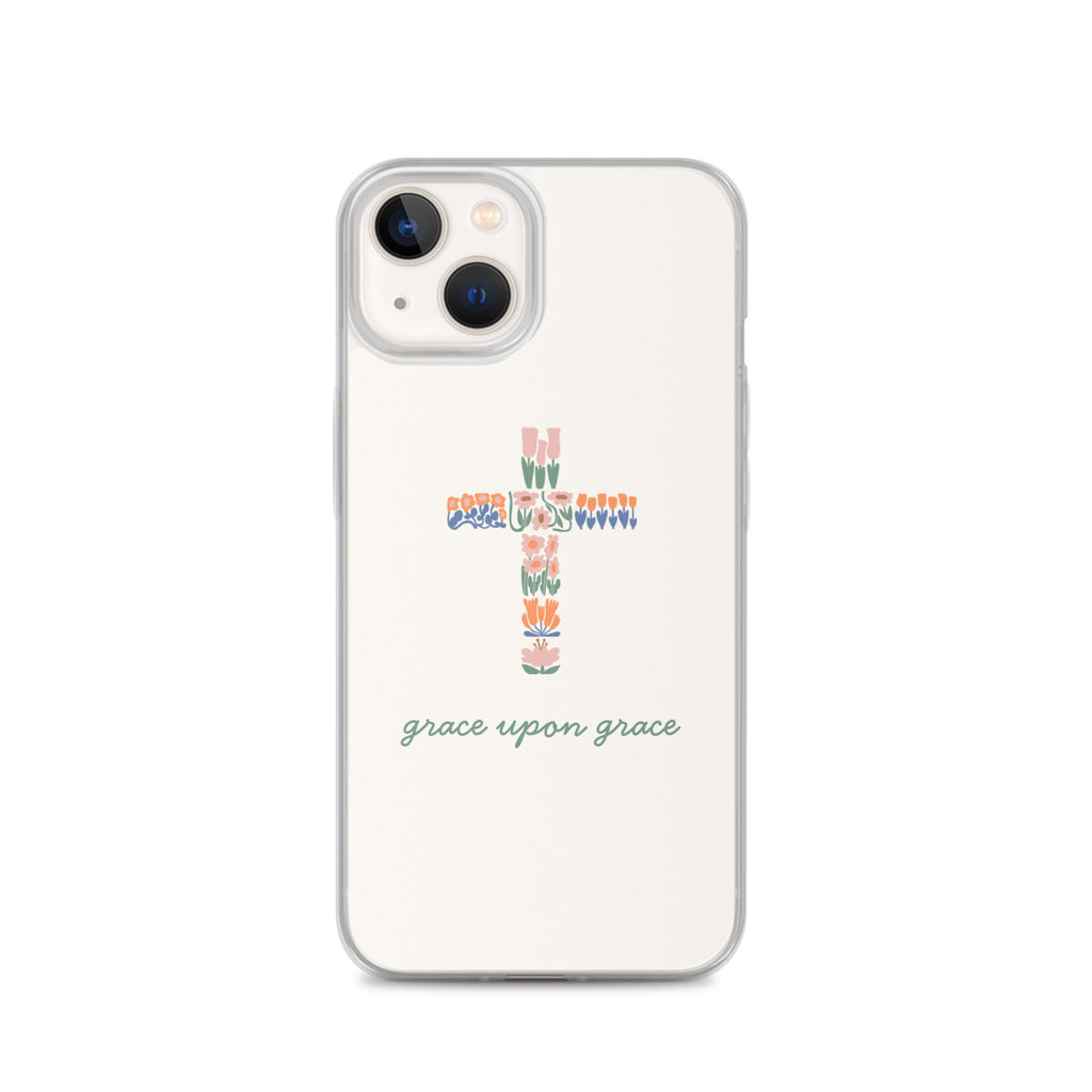 Grace upon grace Christian iPhone case with colorful floral cross design