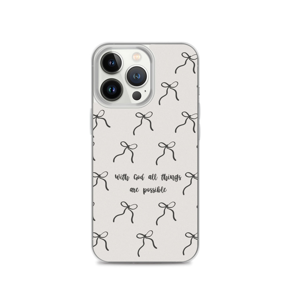 With God all things are possible Christian iPhone case with black bow pattern