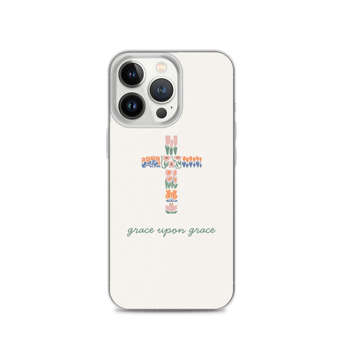 Grace upon grace Christian iPhone case with colorful floral cross design