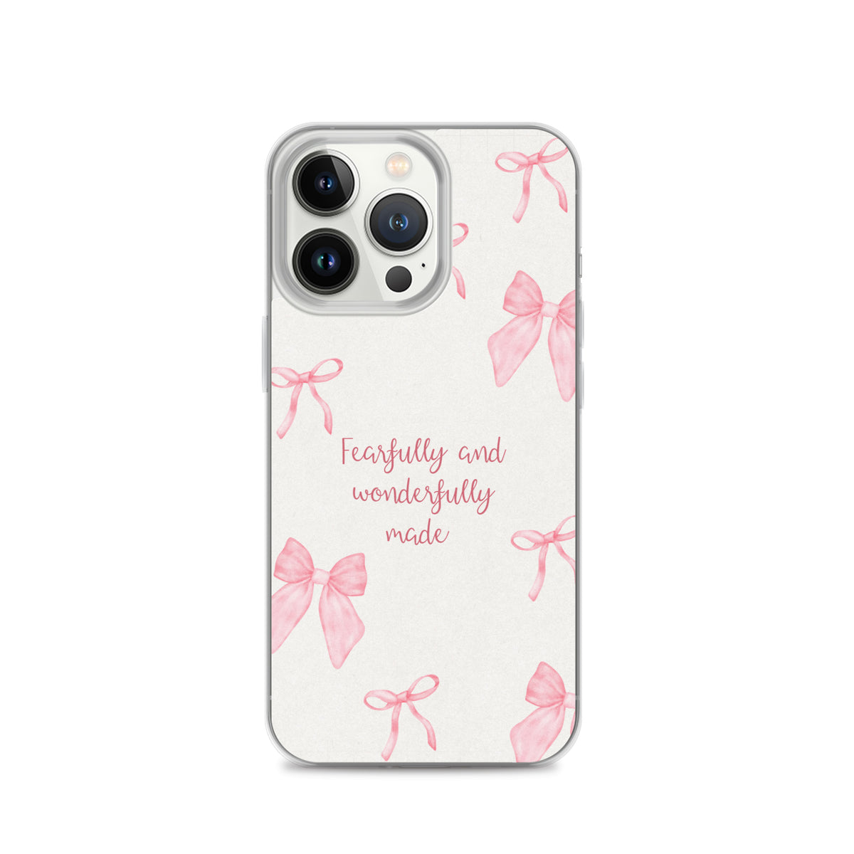 Fearfully and wonderfully made Christian iPhone case with pink bow pattern