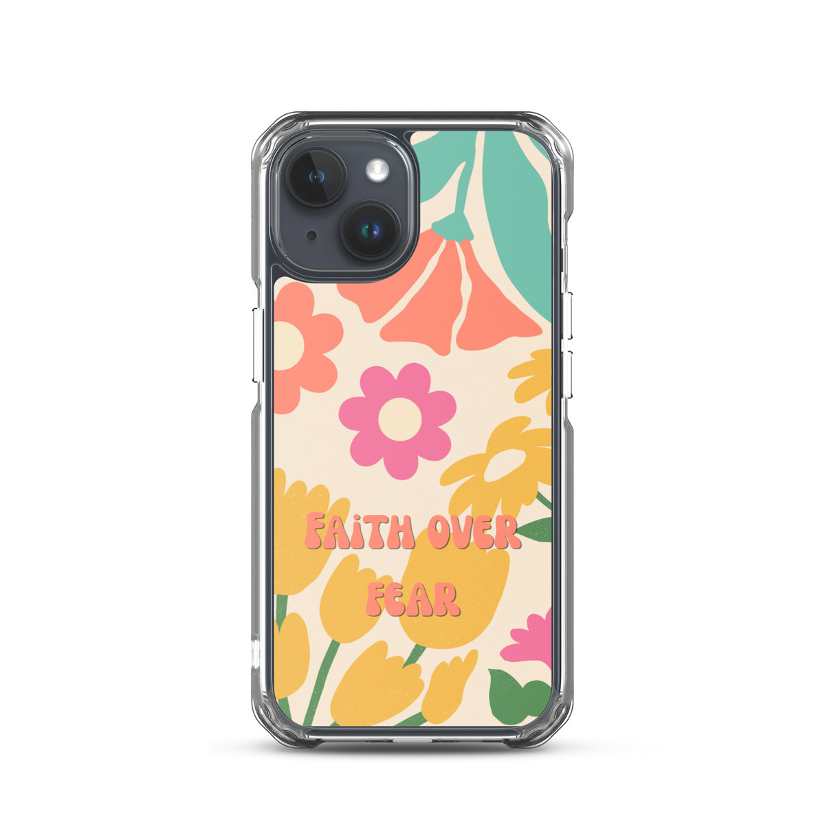 Faith Over Fear Christian iPhone case with colorful retro floral design
