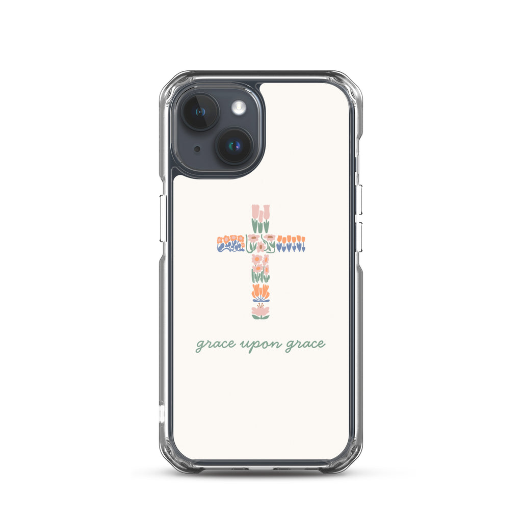 Grace upon grace Christian iPhone case with colorful floral cross design