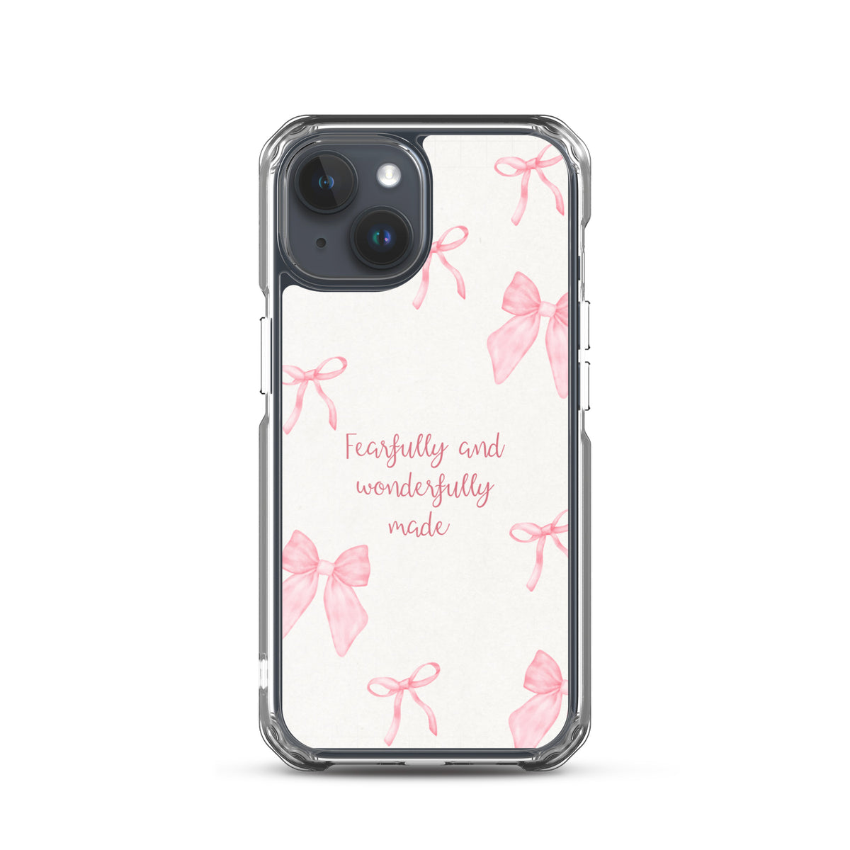 Fearfully and wonderfully made Christian iPhone case with pink bow pattern