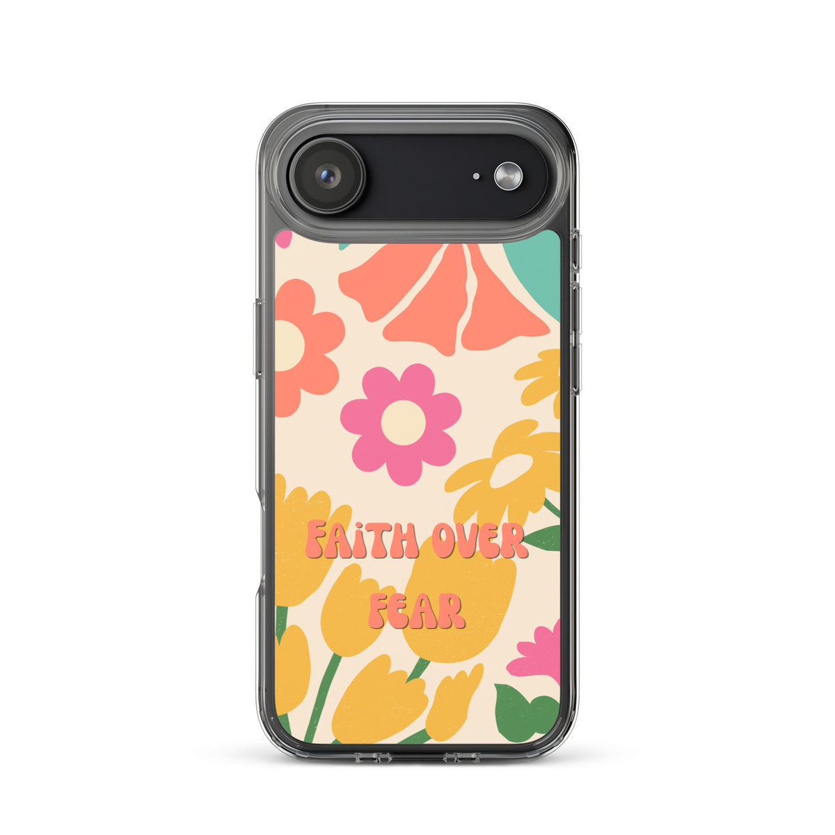 Faith Over Fear Christian iPhone case with colorful retro floral design