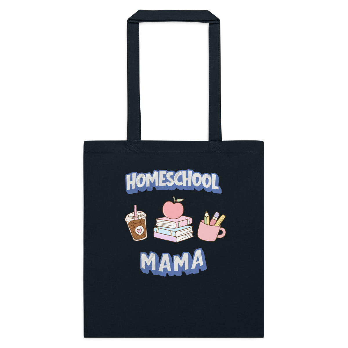 Homeschool Mama natural cotton tote bag with books, coffee and school supplies design