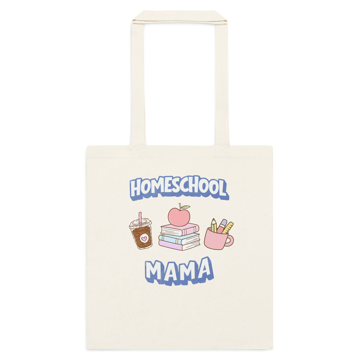 Homeschool Mama natural cotton tote bag with books, coffee and school supplies design