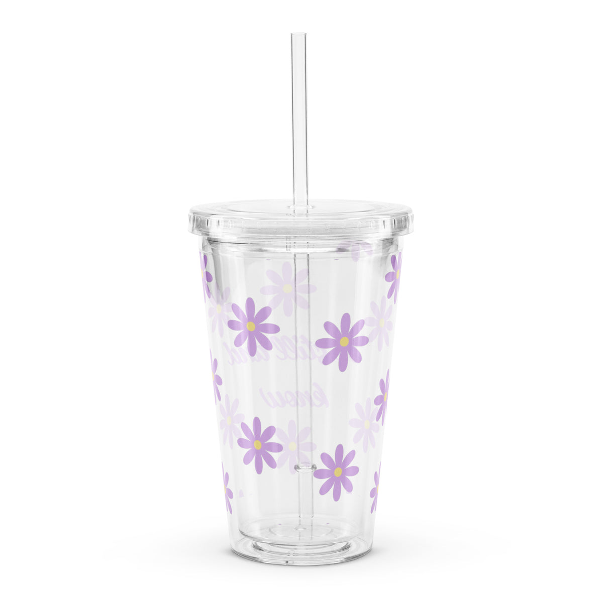 Be Still and Know Christian iced coffee tumbler with purple daisy design