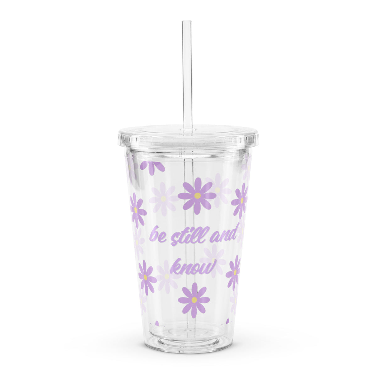 Be Still and Know Christian iced coffee tumbler with purple daisy design