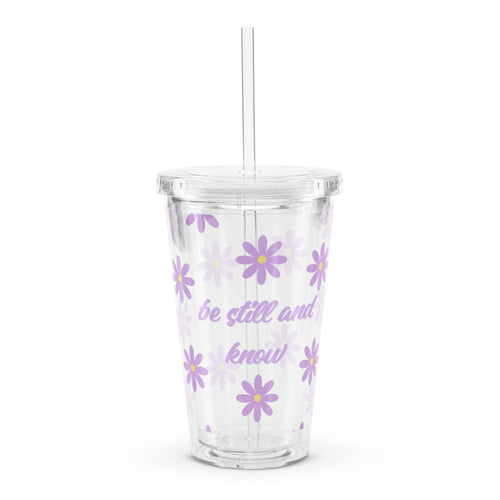 Be Still and Know Christian iced coffee tumbler with purple daisy design