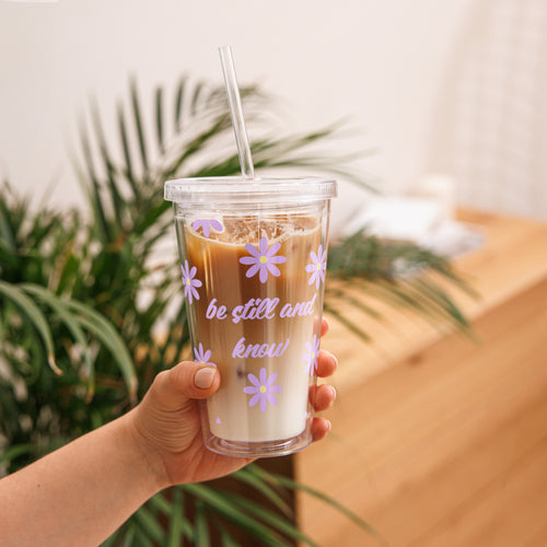 Be Still and Know Christian iced coffee tumbler with purple daisy design