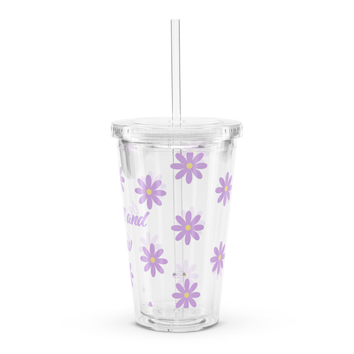 Be Still and Know Christian iced coffee tumbler with purple daisy design