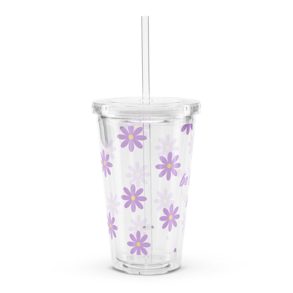 Be Still and Know Christian iced coffee tumbler with purple daisy design