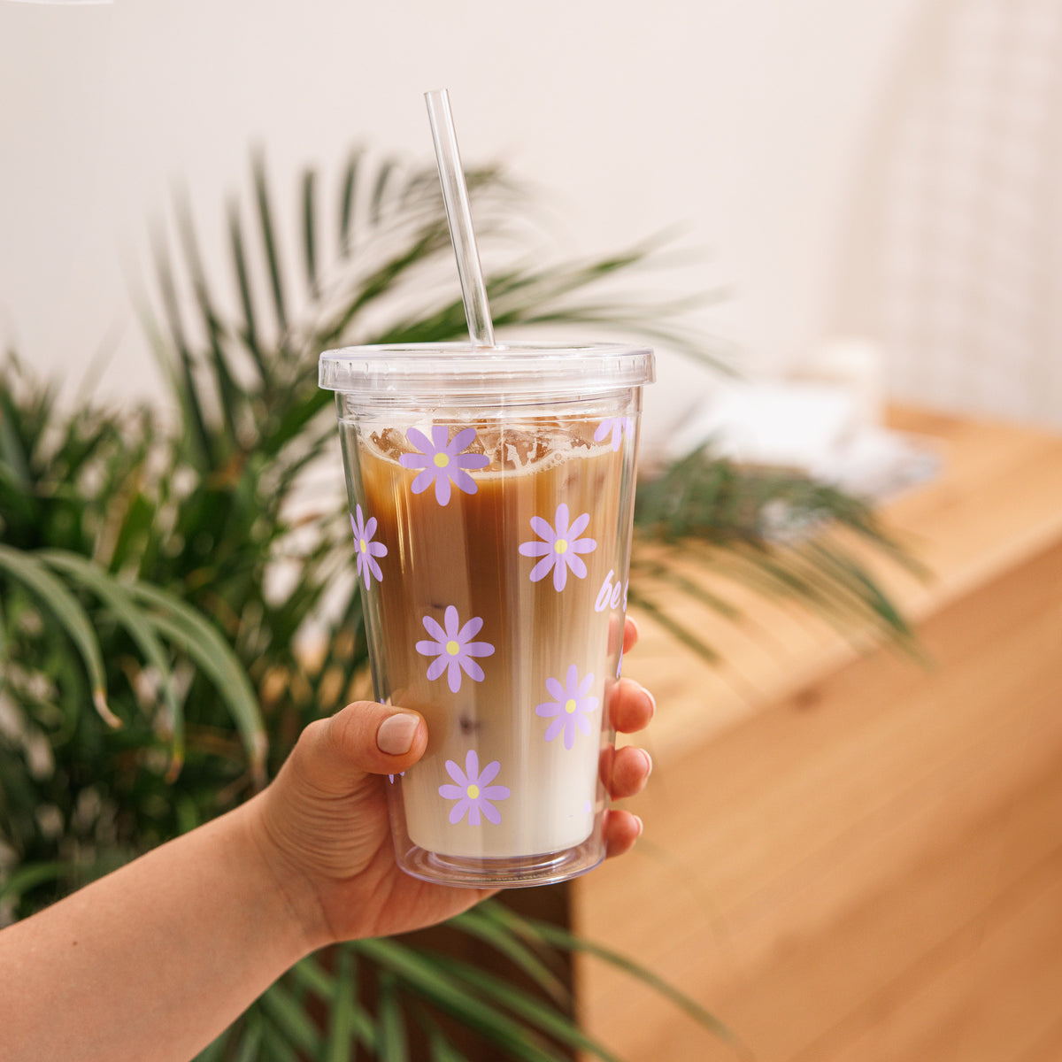 Be Still and Know Christian iced coffee tumbler with purple daisy design