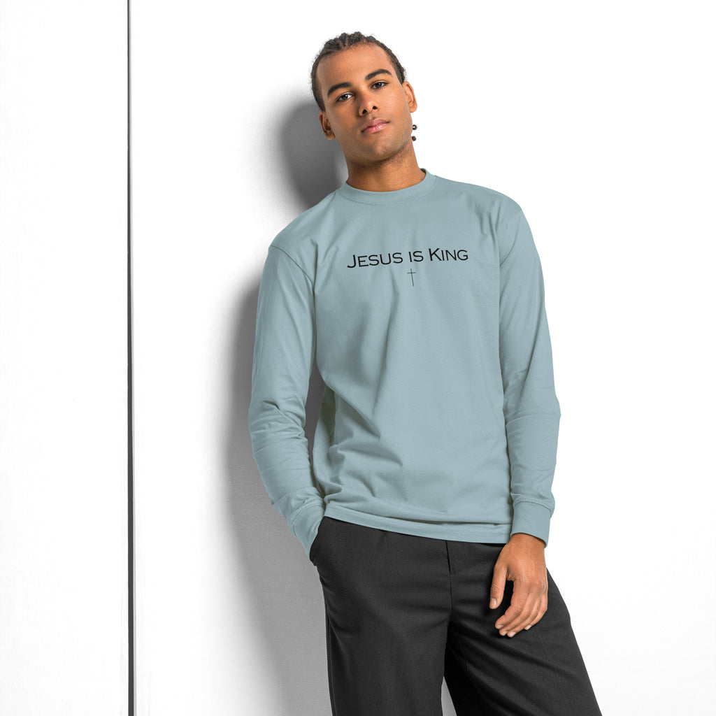Jesus Is King men’s Christian long sleeve shirt in light blue