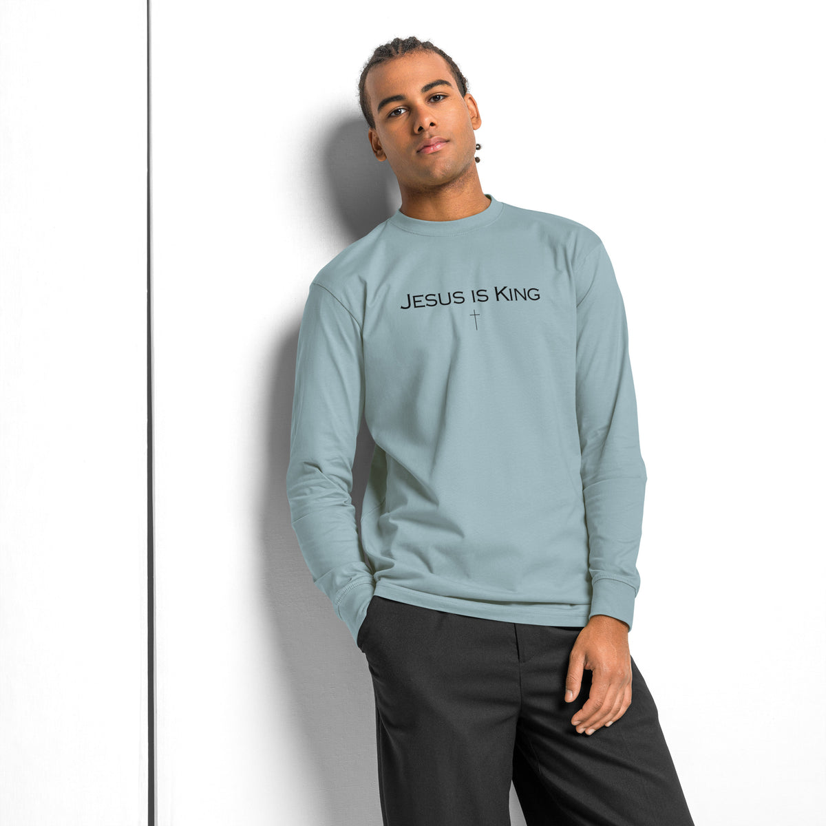Jesus Is King men’s Christian long sleeve shirt in light blue