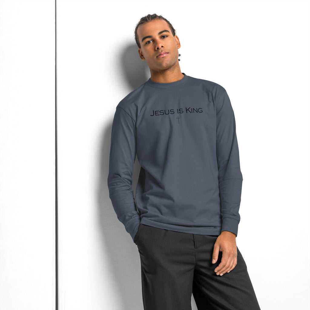 Jesus Is King men’s Christian long sleeve shirt in blue
