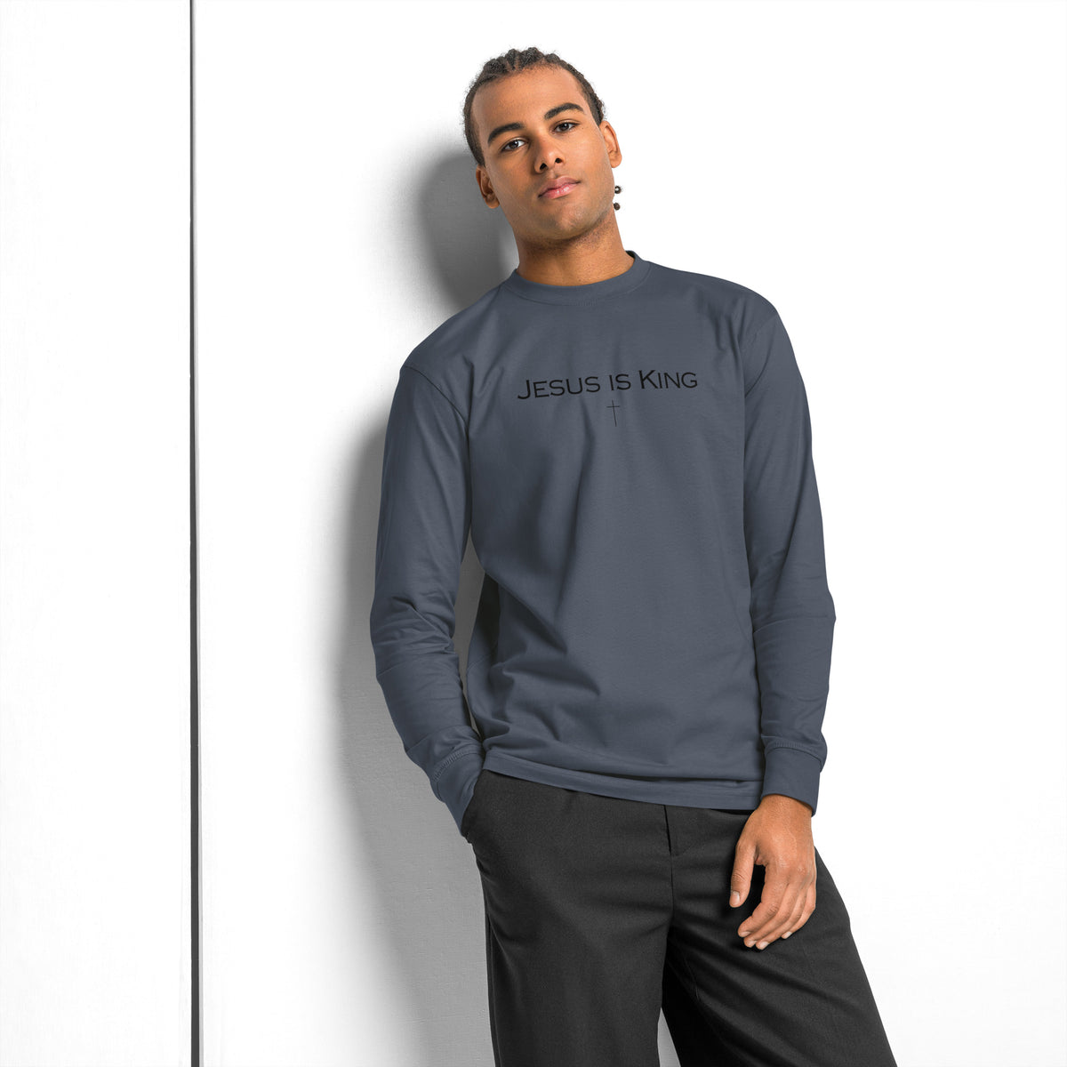 Jesus Is King men’s Christian long sleeve shirt in blue