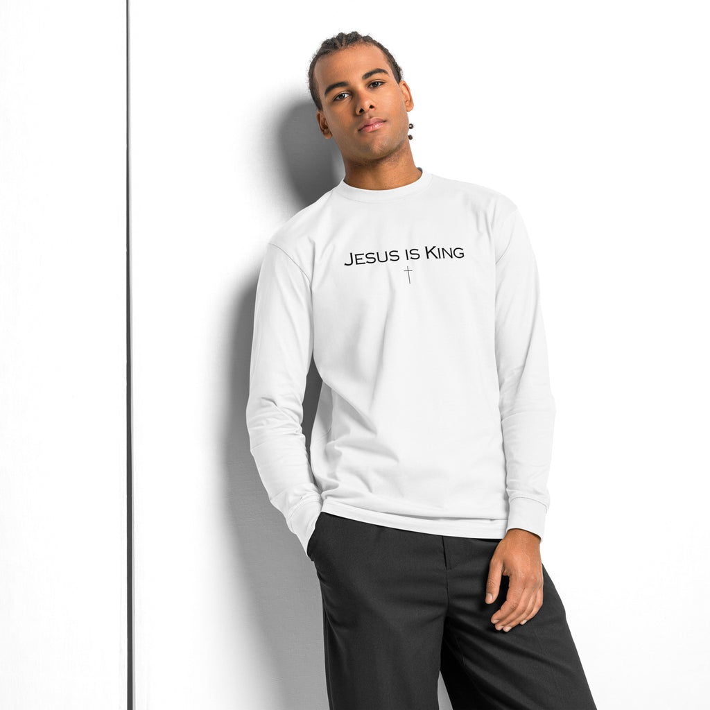 Jesus Is King men’s Christian long sleeve shirt in white