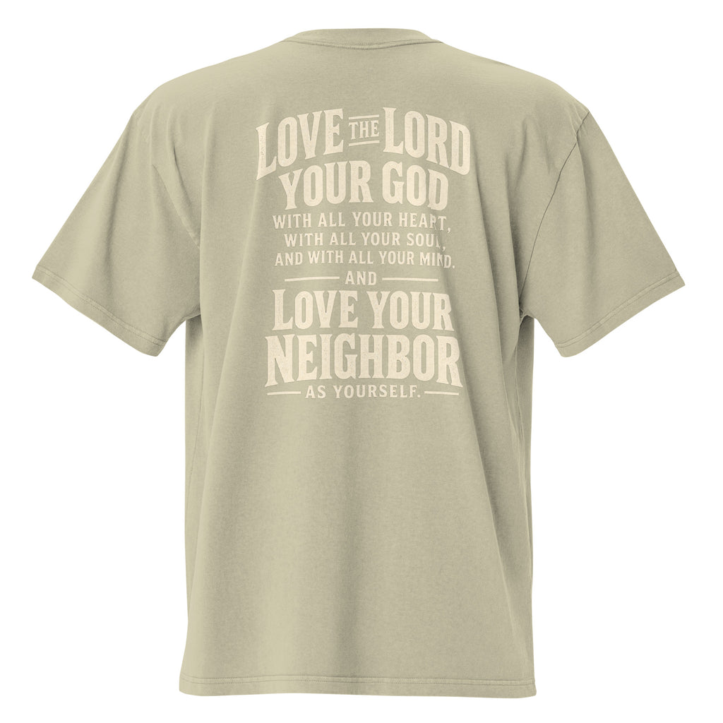 Men’s light green oversized Christian t-shirt featuring a large “Love the Lord your God” and “Love your neighbor as yourself” scripture design on the back.