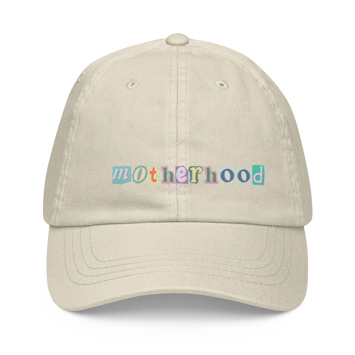 motherhood baseball hat with colorful lettering