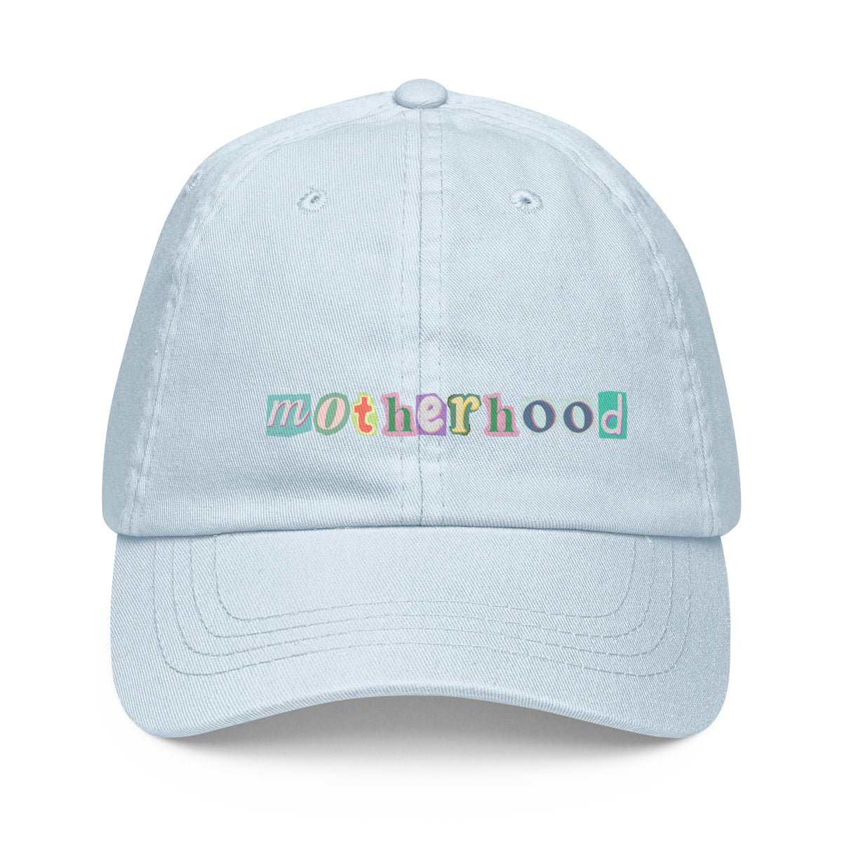 motherhood baseball hat with colorful lettering