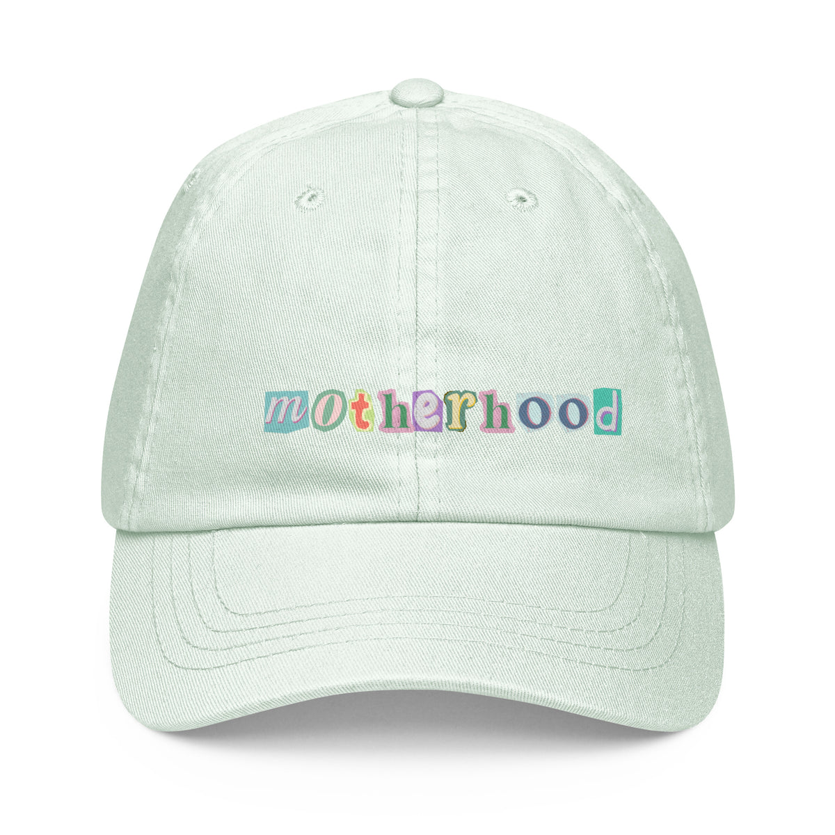 motherhood baseball hat with colorful lettering