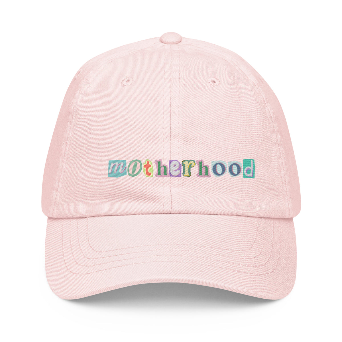 motherhood baseball hat with colorful lettering
