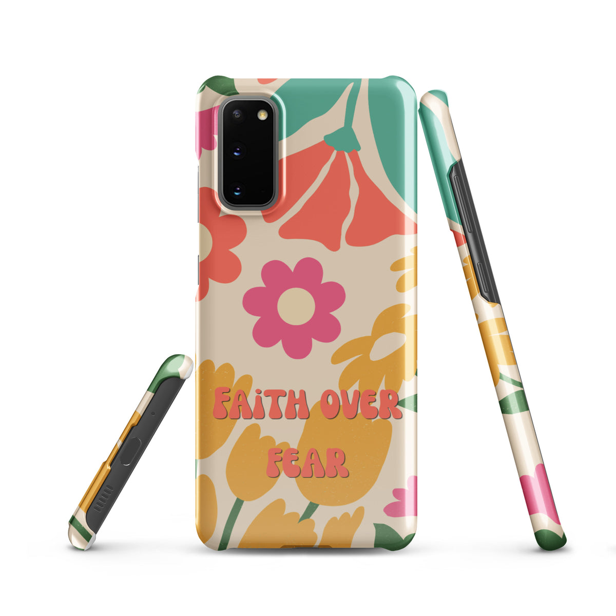 Faith Over Fear Christian Samsung phone case with colorful retro floral design