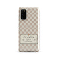 Do Everything in Love Christian Samsung phone case with neutral checkerboard design – 1 Corinthians 16:14