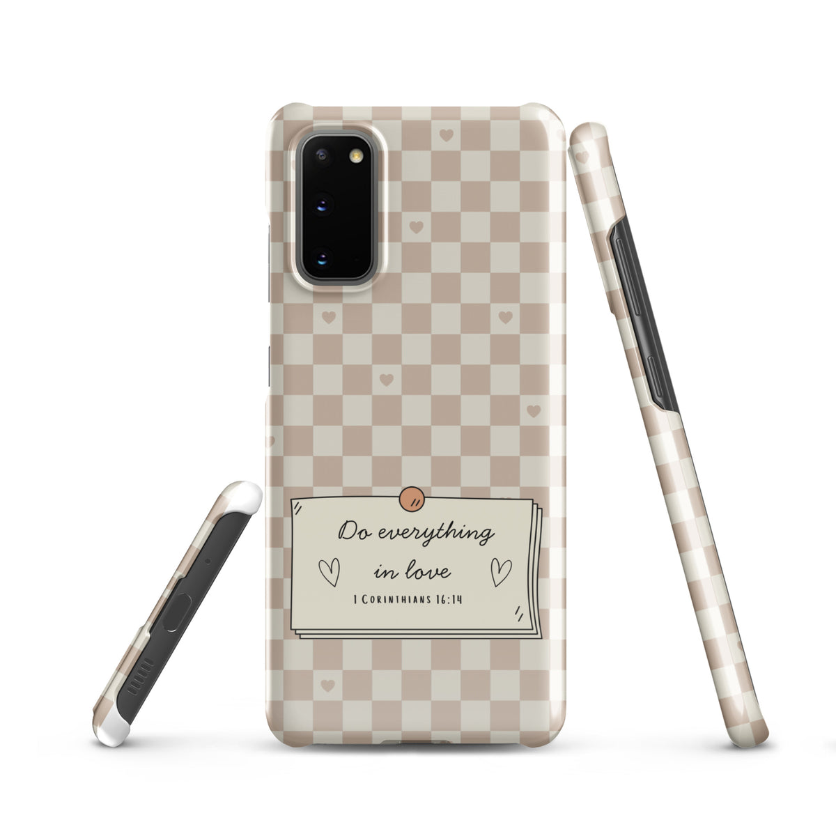 Do Everything in Love Christian Samsung phone case with neutral checkerboard design – 1 Corinthians 16:14
