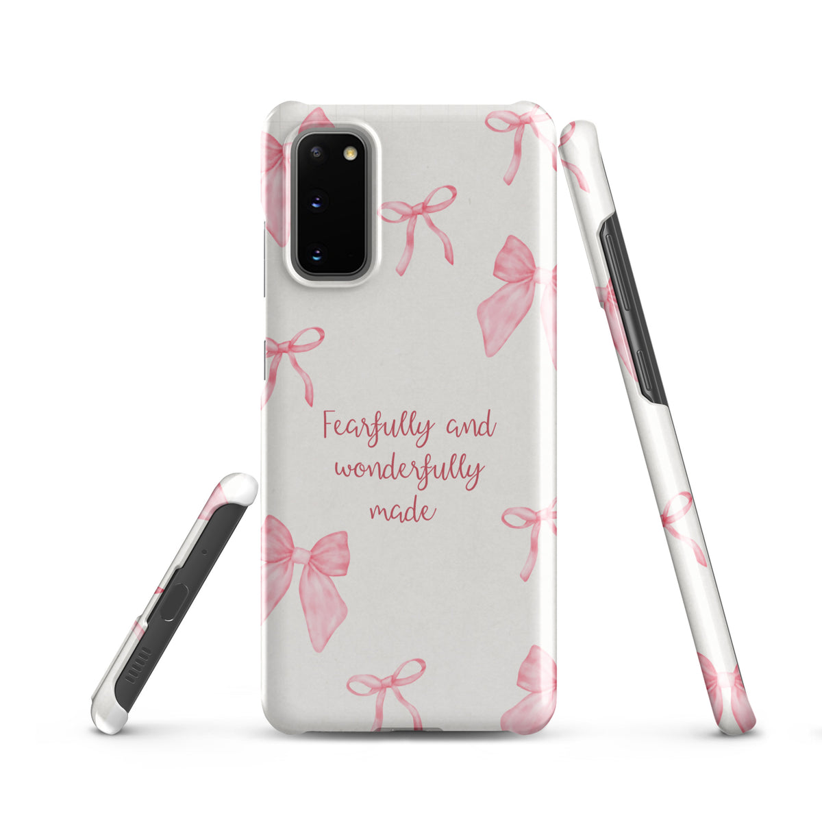 Pink bow Christian Samsung phone case with Fearfully and Wonderfully Made design