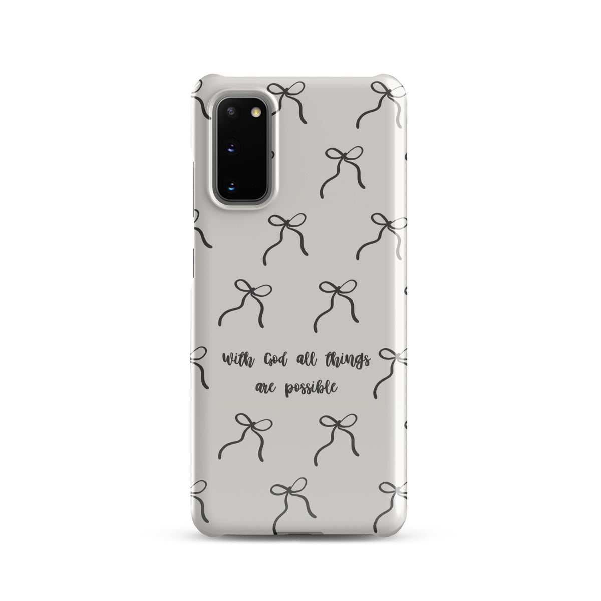 Neutral Christian Samsung phone case with black bow pattern and With God All Things Are Possible quote